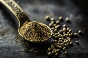Close-Up of Coriander Powder in Antique Brass Spoon with Whole Seeds on Dark Matte Surface