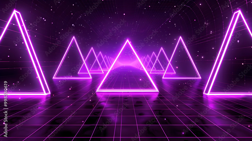 Poster a 3d rendered scene of a futuristic, neon-lit hallway with glowing pink triangular frames, creating 