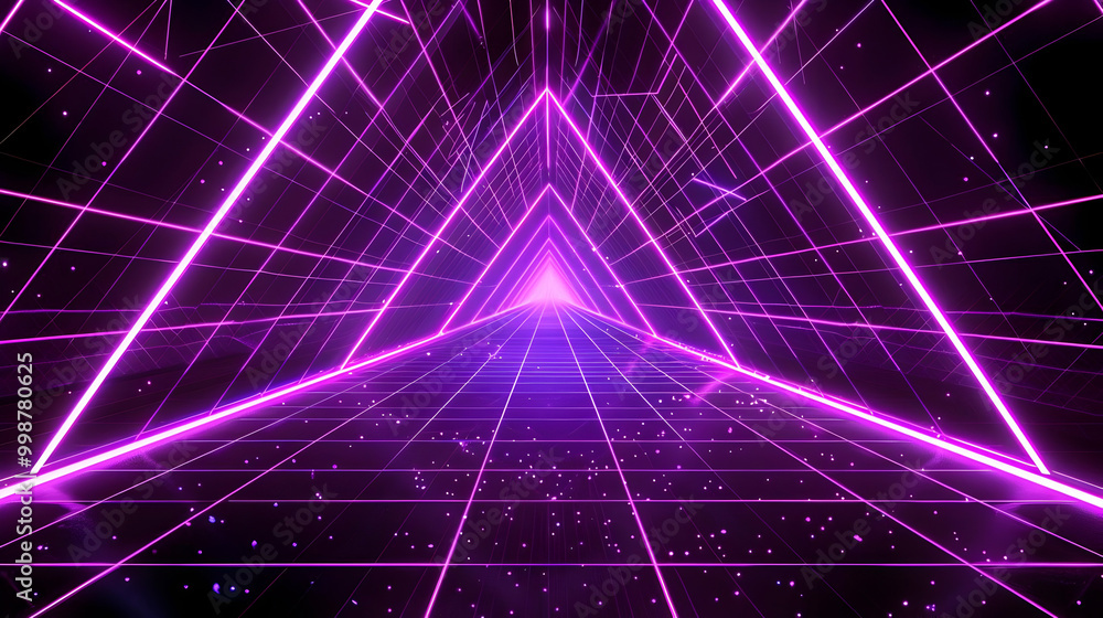 Poster abstract 3d neon purple triangle tunnel background with grid lines and glowing particles