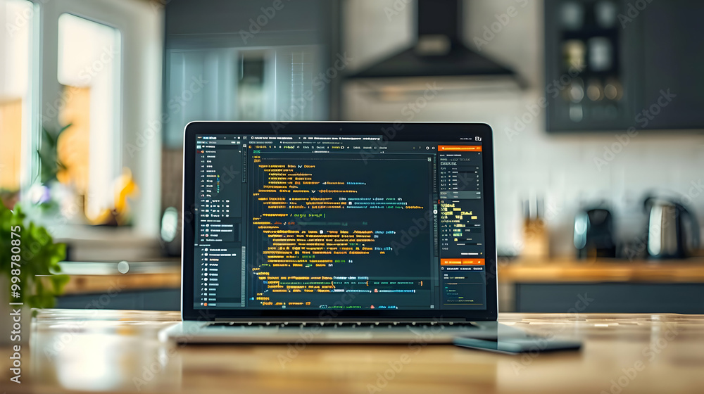 Poster a laptop with code displayed on the screen rests on a wooden table in a kitchen setting