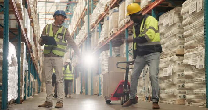 Warehouse logistics, men and greeting with clipboard and shipping trolley for stock inspection. Supply chain, people and inventory management with paperwork for delivery and employee fist pump