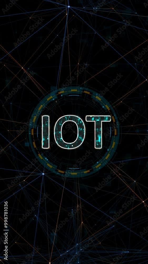 Poster motion graphic of blue digital iot logo with circle futuristic hud elements and orange line connecti