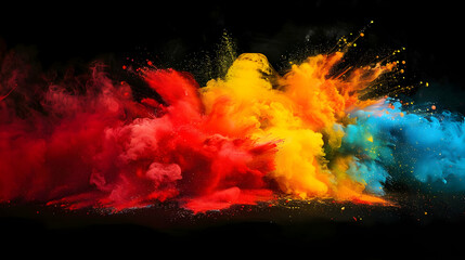 A vibrant explosion of red, yellow, and blue paint, creating a beautiful and dynamic abstract art piece against a black background.