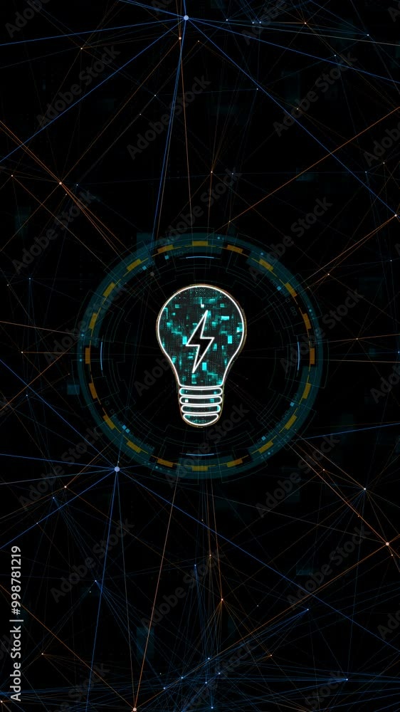Poster motion graphic of blue digital light lamp logo with circle futuristic hud elements and orange line c