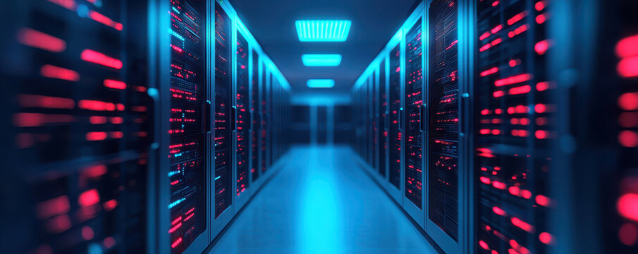 secure server room filled with advanced cybersecurity technology, featuring rows of servers illuminated by blue and red lights, creating high tech atmosphere