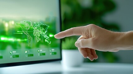 Hand interacting with a green digital interface displaying a world map.
