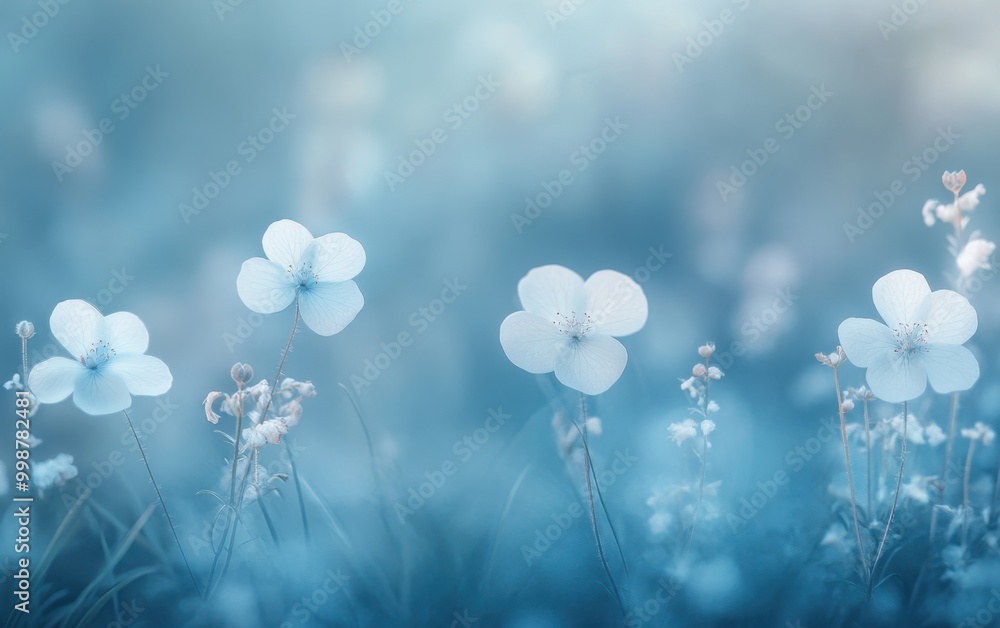 Poster a soft blue background with delicate white flowers, creating an ethereal and dreamy atmosphere gener