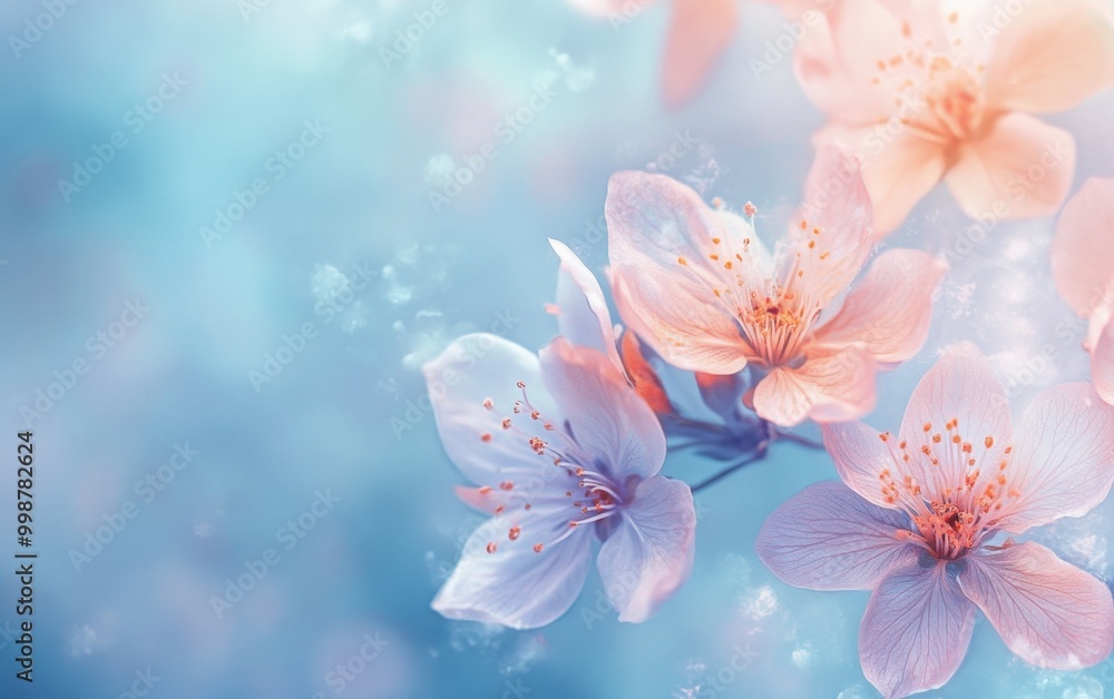 Poster a soft blue background with delicate flowers in the foreground, creating an ethereal and dreamy atmo