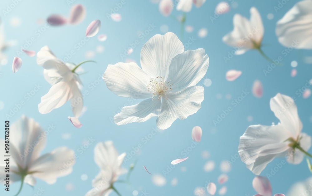 Poster a soft blue background with delicate white flowers and pink petals, creating an ethereal atmosphere 