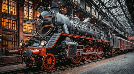 Naklejka premium An old-fashioned steam locomotive chugs along a set of railroad tracks, emitting a plume of steam