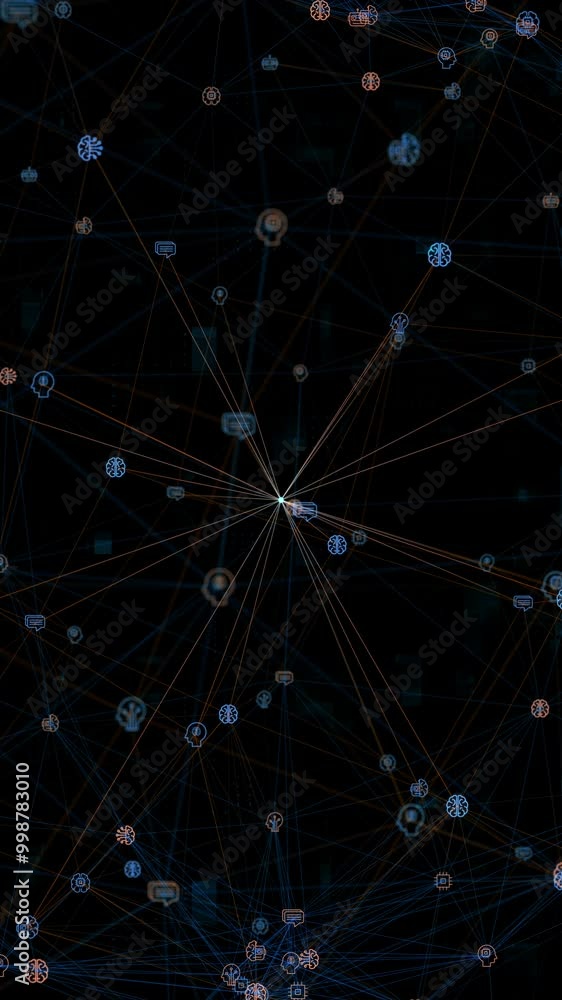 Poster motion graphic of blue digital ai icons linked on grid mesh and line connection on futuristic abstra