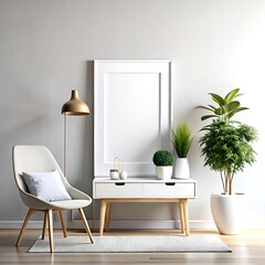 Home mockup, minimalist room interior with retro furniture, 3d render, white Mock up frame
