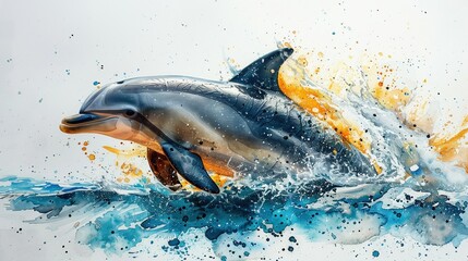 Obraz premium A vibrant dolphin leaps from the water, showcasing splashes of color in a captivating artistic representation.