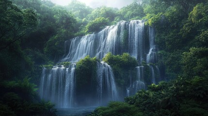Obraz premium Cascading waterfalls with lush greenery. Wallpaper nature background 