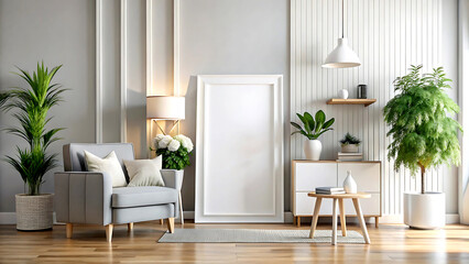 Fototapeta premium Home mockup, minimalist room interior with retro furniture, 3d render, white Mock up frame