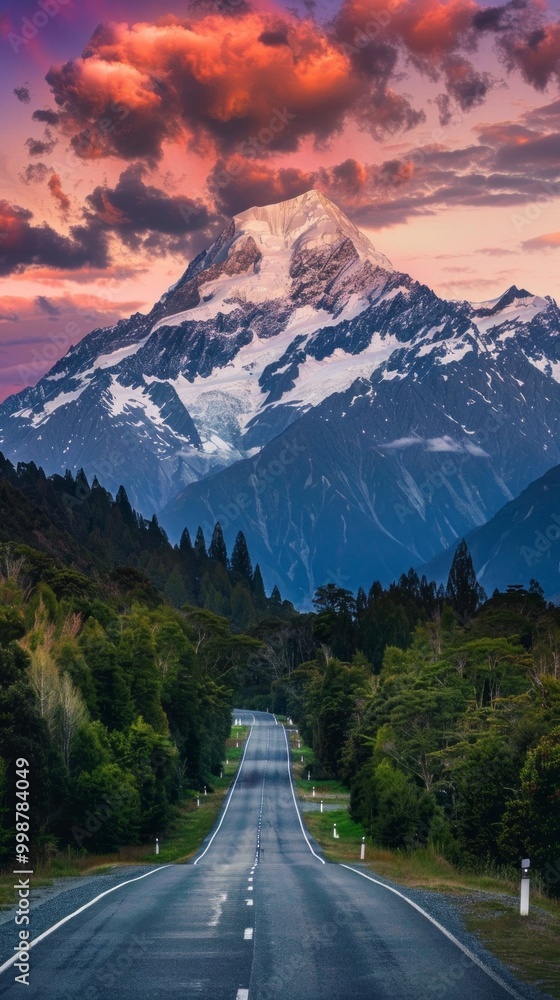 Poster a mountain range is in the background of a road