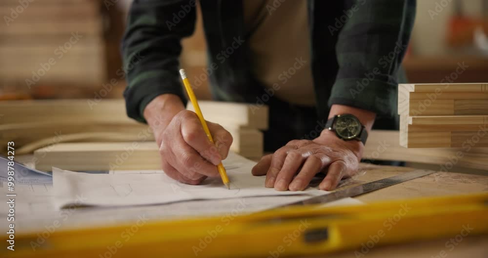 Aufkleber Hands, man and drawing on blueprint on table with pencil for planning a building design, layout and project as architect. Desk, construction and engineering person with ideas for renovations