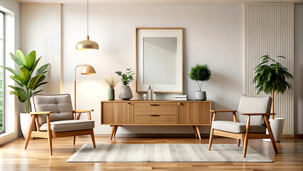 Fototapeta premium Home mockup, minimalist room interior with retro furniture, 3d render, white Mock up frame