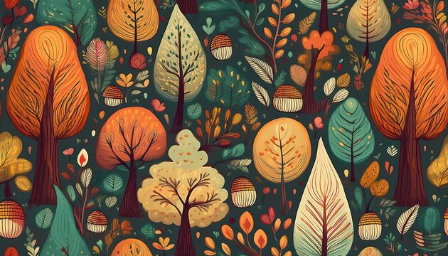 Explore a whimsical forest with playful trees and vibrant bushes celebrating the joy of harvest in a colorful, abstract design. Generative AI
