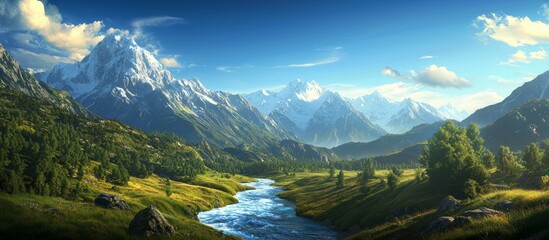 Fototapeta premium A majestic glacier-fed river winding through a valley, its icy blue waters rushing over smooth stones