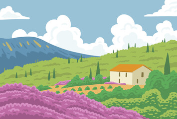 Beautiful rural southern landscape with nature and house. Farm vineyards, cypress trees, lavender flowers and mountains. French Provence. Vector art illustration