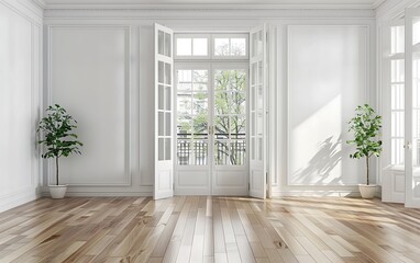 Fototapeta premium Interior of a new apartment, white walls, hardwood floor