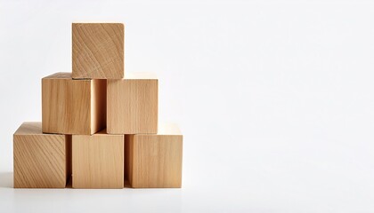 Stacked pyramid of wooden blocks. 3d wood cube block with timber surface for baby game, school child tower build games alphabet education, wooden cubes square brick. Isolated on white background