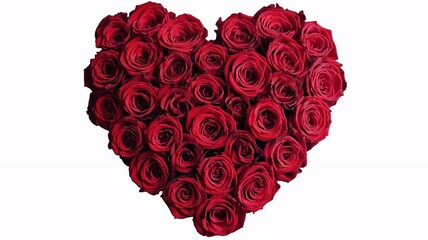 A bouquet of red roses in the shape of a heart, isolated on a white background.