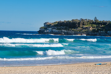 Bondi Beach in Sydney with waves on turquoise colour seawater