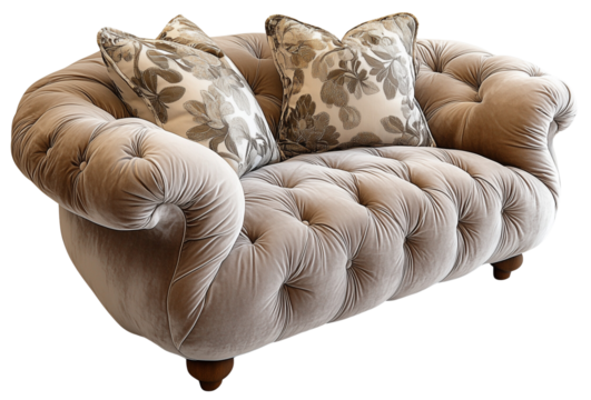 Elegant tufted sofa with floral patterned pillows, isolated on transparent background.