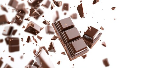 Broken chocolate squares flying, motion blur effect, sharp and soft focus, high-detail 3D rendering, isolated on white background