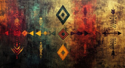 Fototapeta premium Abstract geometric patterns in vibrant colors on a textured background.