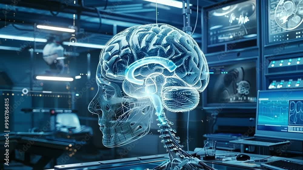 Poster 3d rendering of a futuristic laboratory where medical professionals are working with a complex inter