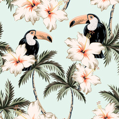 Tropical toucans, palm trees, hibiscus flowers, light background. Vector seamless pattern. Floral illustration. Exotic plants, birds. Summer beach design. Paradise nature © ojardin