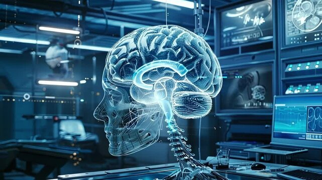 3d rendering of a futuristic laboratory where medical professionals are working with a complex interface, analyzing a hologram projection of the human brain