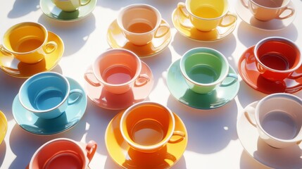 A vibrant collection of colorful teacups and saucers arranged artistically, perfect for showcasing modern dining aesthetics.