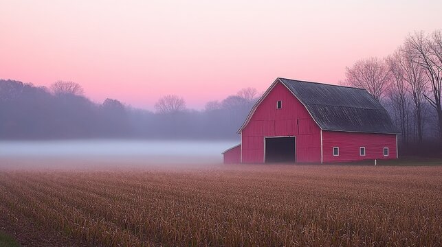 Red Barn in a Misty Dawn
