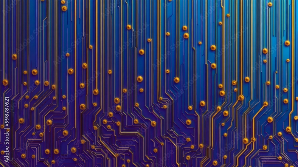 Poster abstract background of a circuit board with gold lines and dots on a blue background.