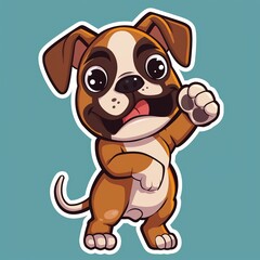 Adorable cartoon dog with a playful expression and raised paw, set against a light blue background.
