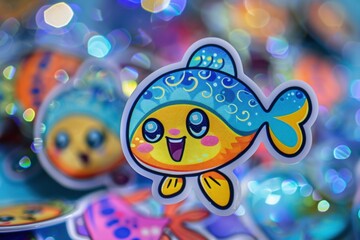 Colorful cartoon fish sticker with cheerful expression among vibrant aquatic-themed designs.