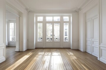 Fototapeta premium Interior of a new apartment, white walls, hardwood floor