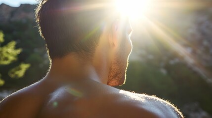 Back of Man in Sunlight with Sun Glare  -  Skin Health and Sun Safety - Photo.