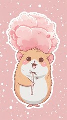 Naklejka premium Cute cartoon hamster holding a fluffy pink cotton candy on a soft pink background.