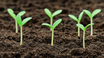 Green seedlings emerging from fertile soil, isolated background
