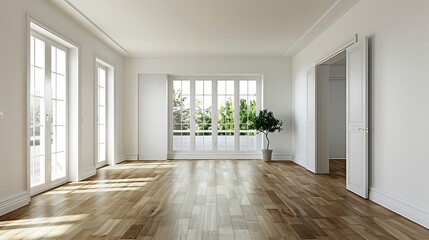 Obraz premium Interior of a new apartment, white walls, hardwood floor