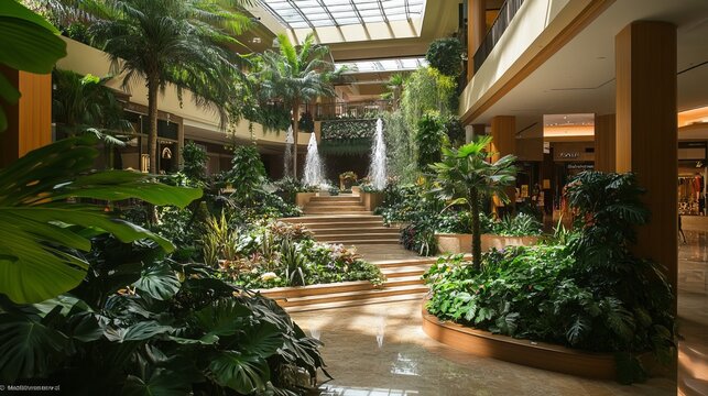 A stunning indoor version of Rome's iconic Spanish Steps boasts a verdant garden, illuminated by a skylight and fanned by ceiling fans