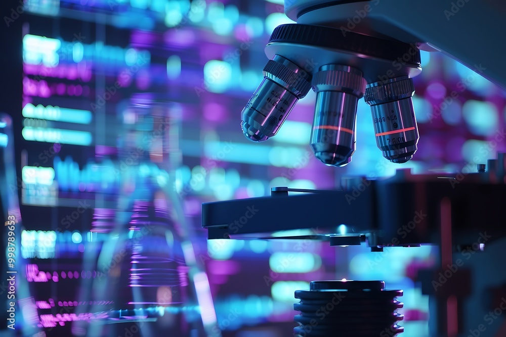 Poster microscope and dna chain in the laboratory. 3d rendering