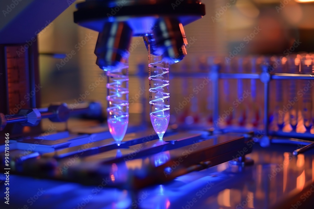 Poster microscope and dna chain in the laboratory. 3d rendering