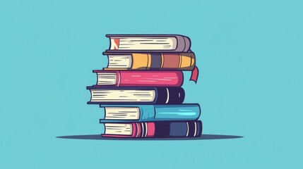 Illustration of a stack of colorful books against a blue background, symbolizing education, knowledge, and reading.