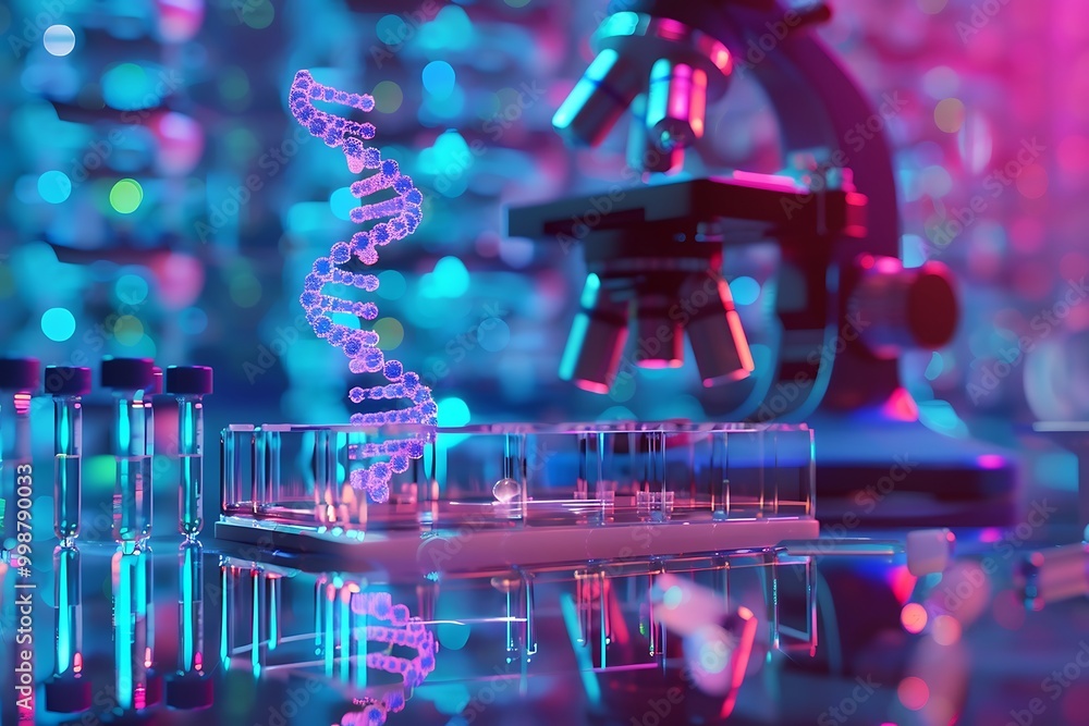 Poster microscope and dna chain in the laboratory. 3d rendering